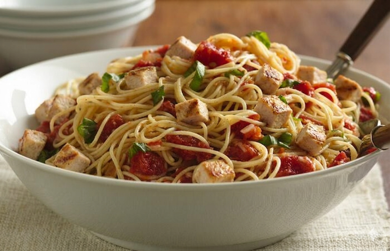 Angel Hair Past with Plum Tomatoes and Fresh Basil - Large portion with chicken